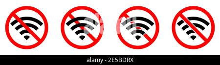 Nessun segnale wifi. È vietato L'accesso WI-Fi a Internet. Stop o BAN rosso con l'icona WI-Fi. Illustrazione vettoriale. Set di cartelli non consentiti. Illustrazione Vettoriale