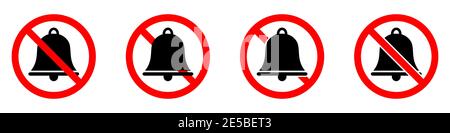 Le campane sono vietate. Nessuna icona campane. Stop o ban rosso segno rotondo con l'icona campane. Illustrazione vettoriale. Set di cartelli non consentiti. Illustrazione Vettoriale