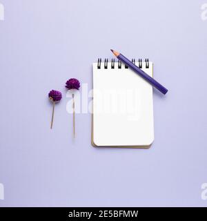 Taccuino vuoto, matita colorata, fiori secchi su sfondo viola. Vista dall'alto, spazio per la copia Foto Stock