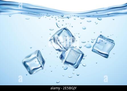 Cubi di ghiaccio blu realistici galleggianti in un'illustrazione trasparente del vettore dell'acqua Illustrazione Vettoriale