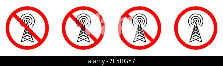 Nessun segnale. Icone di divieto dell'antenna impostate. Il segnale WIFI è vietato. Stop o BAN segnale rotondo rosso con icona del segnale radio. Illustrazione vettoriale. Illustrazione Vettoriale