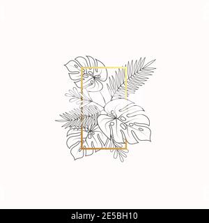 Monstera e foglie tropicali Fern composizione decorativa Banner o modello di etichetta. Astratto Foliage con rettangolo Golden Frame. Adatto per matrimoni o. Illustrazione Vettoriale