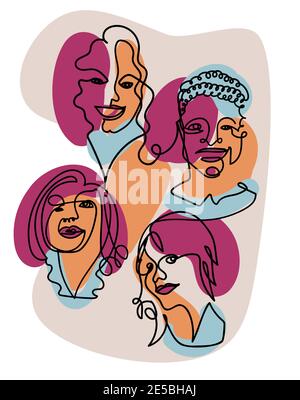 Ritratti astratti contemporanei di donne disegnate con una linea e alcune macchie di colore sullo sfondo. Illustrazione vettoriale line art Illustrazione Vettoriale