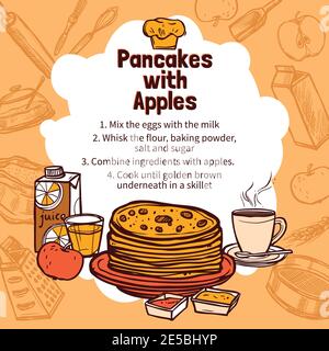 Ricetta di frittelle con mela con frittelle preparate a mano sfondo con illustrazione vettoriale degli elementi di stile dello schizzo Illustrazione Vettoriale
