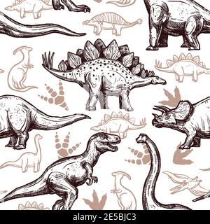 Dinosauri preistorici rettili con impronte su sfondo carta incartata senza giunture disegno vettoriale astratto in stile doodle a due colori Illustrazione Vettoriale