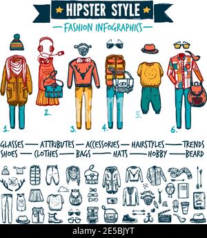 Hipster outside mainsream stile di vita attributi di abbigliamento moda e accessori infografica elementi doodle stile banner illustrazione vettoriale astratta Illustrazione Vettoriale