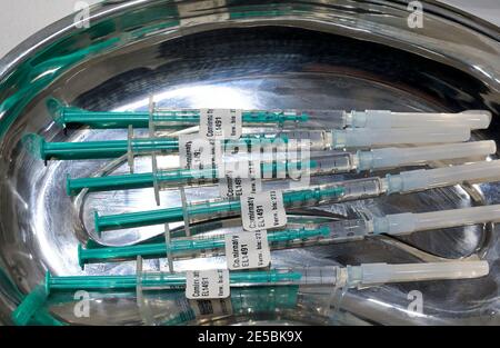 GERMANIA, Amburgo, pandemia corona, il più grande centro di vaccinazione in Germania, per un massimo di 7000 persone al giorno, vaccino Comirnaty di Biontech Pfizer / DEUTSCHLAND, Amburgo, Corona Pandemie, Impfzentrum der KVH und Sozialbehörde Hamburg in den Messehallen, groesstes Impfzentrum Deutschchen lands fuer bis zu 7000 Menstaeglich, Zubitung, Zubereitung Aufziehen der Impfdosen Comirnaty EL 1491 von Biontech Pfizer Foto Stock