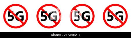 Icona di divieto delle reti mobili 5G. Il segnale 5G è vietato. Stop o ban rosso con l'icona internet 5G. Illustrazione vettoriale. Set di cartelli non consentiti. Illustrazione Vettoriale