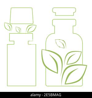 Set di bottiglie verdi. Logo biologico, ecologico, biologico. Vettore di linea. Isolare su sfondo bianco. Illustrazione Vettoriale