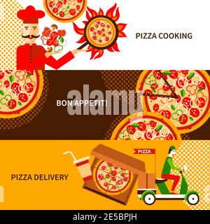 Ordini online e telefonici Servizio di consegna pizza italiana 3 flat poster banner orizzontali illustrazione vettoriale isolata astratta Illustrazione Vettoriale