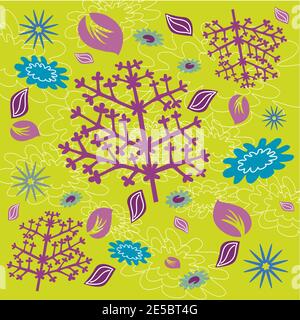 Fiori e Foliage motivo senza giunture - colori rosa, verde e blu - disegno disegnato a mano Illustrazione Vettoriale