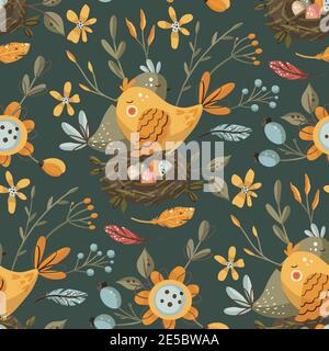 Uccelli e fiori motivo vettoriale senza giunture. Floreale Pasqua ornato arte popolare cartoon carta da parati ornamento. Ornamento primaverile. Illustrazione Vettoriale