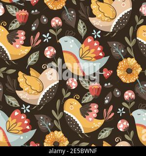 Motivo vettoriale senza giunture di uccelli e fiori blu. Ornamento di carta da parati con motivi floreali e decorazioni folk art cartoon. Design bohémien romantico. Illustrazione Vettoriale
