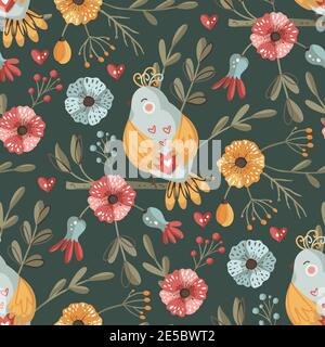 Motivo vettoriale senza giunture di uccelli e fiori. Ornamento di carta da parati con motivi floreali e decorazioni folk art cartoon. Illustrazione Vettoriale