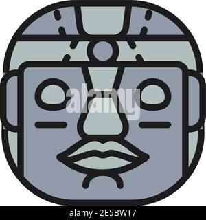 Maschera tribale etnica, maya, icona della linea di colore piatto azteca. Illustrazione Vettoriale