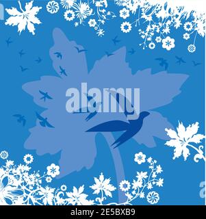 Piante, Fiori e Uccelli sfondo in Blu Illustrazione Vettoriale