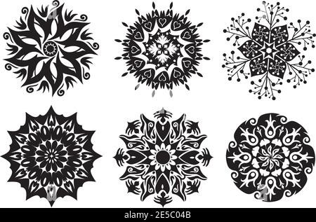 Set di fiori, Mandala natura in bianco e nero Illustrazione Vettoriale