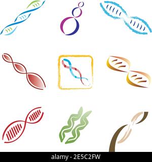 Set di 9 icone DNA multicolore - Ricerca genetica e. Scienza Illustrazione Vettoriale