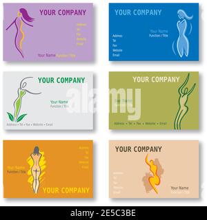Set di sei etichette sportive corpo donna in vari colori, modello di biglietti da visita Illustrazione Vettoriale