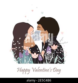 Biglietto d'auguri per San Valentino. Coppia baciante con maschere monouso, Propaganda di prevenzione di malattia di Medicina. Coronavirus e Amore Illustrazione Vettoriale