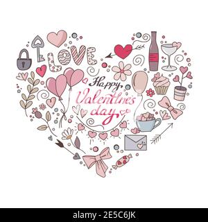 Set di colori di doodles per San Valentino, matrimoni, eventi romantici. Vettore Illustrazione Vettoriale