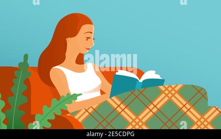 Bella ragazza legge un libro a casa sul divano. Coperta con una coperta. Immagine piatta vettoriale. Illustrazione Vettoriale