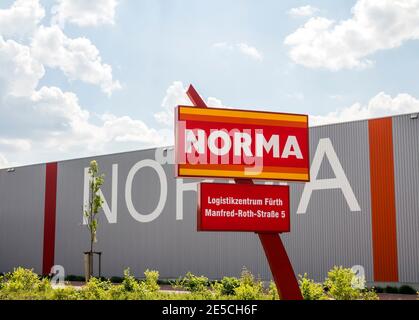 Furth, Germania : supermercato discount norma. Norma è un negozio di sconti alimentari con più di 1,400 negozi in Europa con una linea di prodotti ristretta a prezzi bassi. Foto Stock