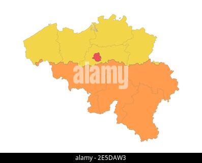 Mappa del Belgio, Province del Belgio, regioni separate, mappa dei colori isolata su sfondo bianco vuoto Foto Stock
