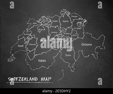 Svizzera divisione amministrativa cartografica, separazione di regioni e nomi, scheda di disegno lavagna vettore Illustrazione Vettoriale