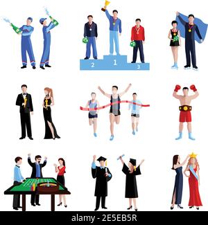 Le icone vincitrici insieme con l'educazione sportiva e le arti piatto isolato illustrazione vettoriale Illustrazione Vettoriale