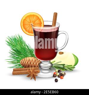 VIN brulé rosso per l'inverno e Natale con fetta d'arancia cannella bastoni anice e ramo di pino illustrazione vettoriale Illustrazione Vettoriale