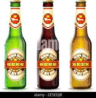 Bottiglie di birra verde e marrone realistiche per un'illustrazione vettoriale isolata Illustrazione Vettoriale