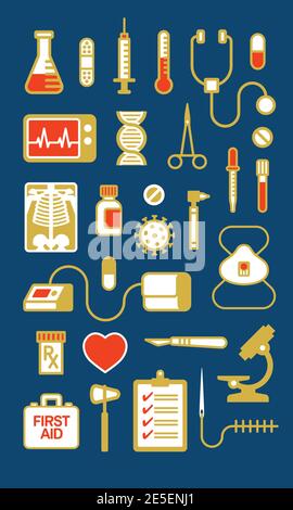 Set di icone mediche o illustrazioni. 28 disegni vettoriali di attrezzature mediche o mediche e simboli. Illustrazione Vettoriale