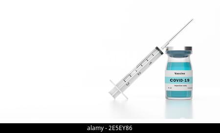 Illustrazione di un vaccino contro il coronavirus Sars-Cov-2. Rimedio clinico approvato per Covid-19. Rendering 3D Foto Stock
