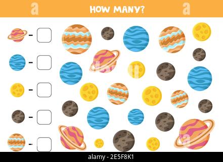 Contare tutti i pianeti del sistema solare e scrivere il numero corretto nella casella. Gioco spia per bambini. Illustrazione Vettoriale
