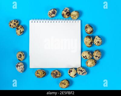 un foglio bianco di carta circondato da uova di quaglia su uno sfondo blu Foto Stock