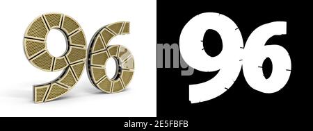Numero d'oro novantasei (numero 96) tagliato in segmenti d'oro forati con canale alfa e ombra su sfondo bianco. Illustrazione 3D Foto Stock