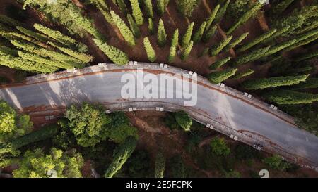 Vista aerea del drone di una strada rurale tra gli alberi Foto Stock