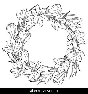 Wreafh con fiori primavera croci. Libro da colorare per adulti per relax e meditazione. Elementi vettoriali isolati in bianco e nero Illustrazione Vettoriale