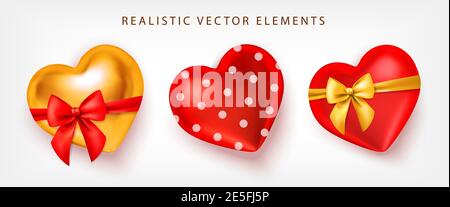 Cuori romantici con un arco e nastro isolati. Set vettoriale 3D realistico. Illustrazione Vettoriale