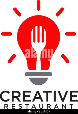 Logo creativo del ristorante con utilizzo di una lampada luminosa incorporata con forchetta modello di progetto Illustrazione Vettoriale