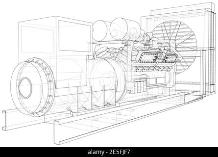 Il motore a gas è un motore a combustione interna che funziona con un combustibile a gas. Filo-telaio isolato su bianco. Rendering vettoriale di 3d Illustrazione Vettoriale