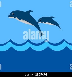 carino pesce delfino felice salto con l'illustrazione vettore d'onda Illustrazione Vettoriale
