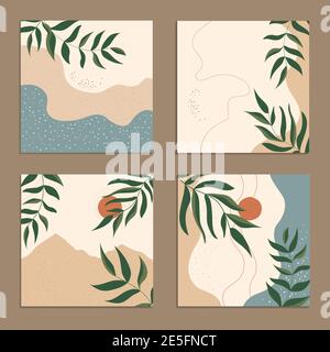 Set astratto ambientato natura contemporanea - vendita estiva, contenuti promozionali sui social media. Foglie, sole, mare, spiaggia e montagne. Design per poster Illustrazione Vettoriale