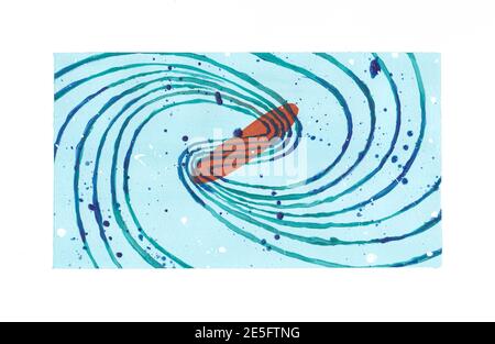 Forme astratte galassiche fatte a mano con linee verdi di acqua di marea e arancione spot Foto Stock