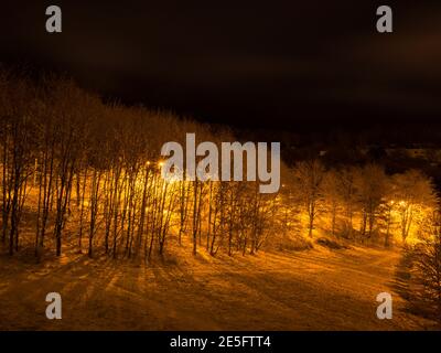 Paesaggio invernale notturno illuminato da luce giallo-arancione proveniente da lampioni stradali Foto Stock