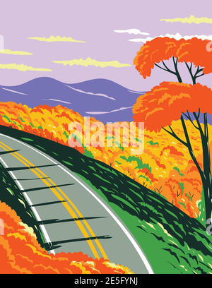 Poster WPA di Skyline Drive al Shenandoah National Park con le Blue Ridge Mountains durante l'autunno in Virginia, Stati Uniti fatto in lavori pro Illustrazione Vettoriale