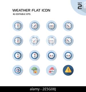 Gruppo meteorologico e meteorologico. Bussola e disastri naturali. Icona di colore isolato impostata in un cerchio. Illustrazione vettoriale piatta Illustrazione Vettoriale