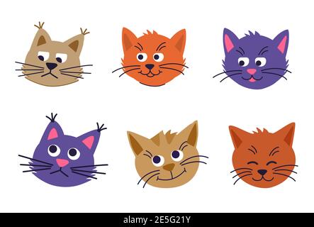 Impostare i volti di gatti carini su uno sfondo bianco. Felici, tristi e pensierosi gatti isolati. Vector Cartoon Illustrazione in piano. Raccolta di teste di gatto Illustrazione Vettoriale