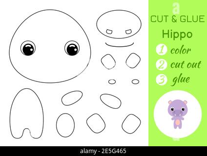 Colorazione libro taglio e colla bambino ippopotamo. Gioco educativo di carta per bambini prescolare. Foglio di lavoro Taglia e Incolla. Colore, parti tagliate e colla su carta. Illustrazione Vettoriale